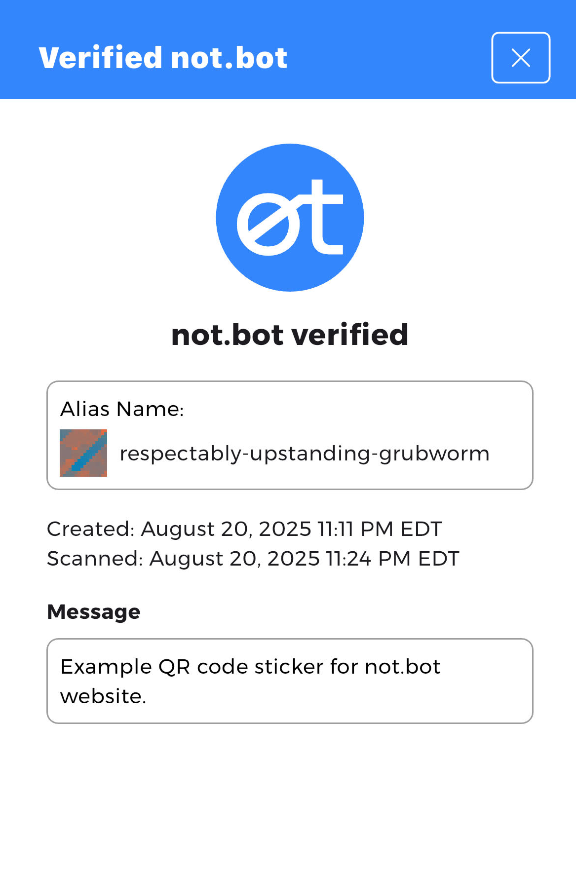 Verified not.bot sticker screen